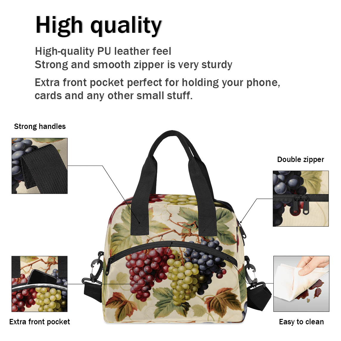 Herdesigns Fruit Insulated Lunch Bag for Women Men Adults Large Reusable Lunch Box Grapes Leakproof Cooler Tote Bags with Adjustable Shoulder Strap