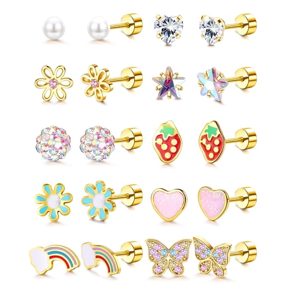 Hypoallergenic Flat Back Earrings for Women 10 Pair Surgical Stainless Steel Screw Back Stud Earrings for Sensitive Ears Cute Flower Butterfly Stud Earring Screwback Earrings