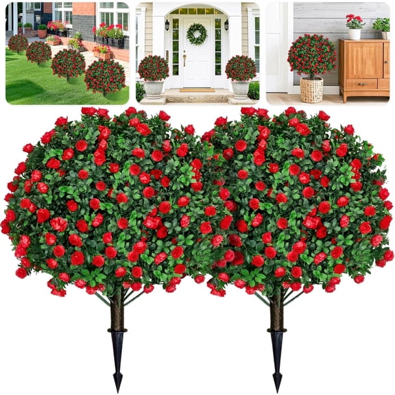JEWLALO Artificial Boxwood Topiary Ball Tree with Red Rose Flowers, 2PCS 26" UV Resistant Artificial Shrub Bushes with Ground Spike, Fake Boxwood Balls for Garden Porch Patio Indoor Outdoor Decor