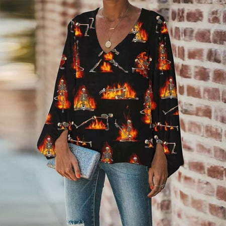 

OKBOP Christmas Scrub Tops Women Autumn Winter Casual Sexy Fashion Shirt Halloween Printed Long Puff Sleeve V Neck Pullover Fall Blouses White Collared Shirt Women