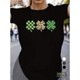 thumbnail image 1 of Women's Comfy Black T-Shirt with Teal and Golden Clover Print - Casual Short Sleeve, Round Neck, Polyester, Machine Washable Tee For Adult, Men, Women, Teen, Teenager, Adolescent, Youth, 1 of 7