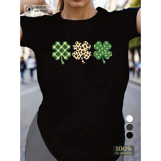 Women's Comfy Black T-Shirt with Teal and Golden Clover Print - Casual Short Sleeve, Round Neck, Polyester, Machine Washable Tee For Adult, Men, Women, Teen, Teenager, Adolescent, Youth