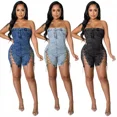 thumbnail image 2 of Monos de mujer de una pieza elegantes con empalme de mezclilla, monos sexis ajustados sin tirantes, sin mangas, pantalones cortos, monos ajustados, 2 of 5