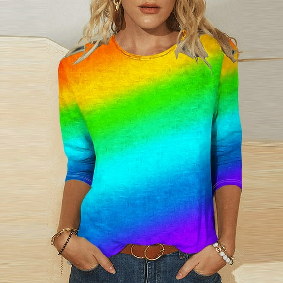 OKBOP Casual Tops for Women 3/4 Sleeve Crew Neck Rainbow T-Shirts Shirts for Women