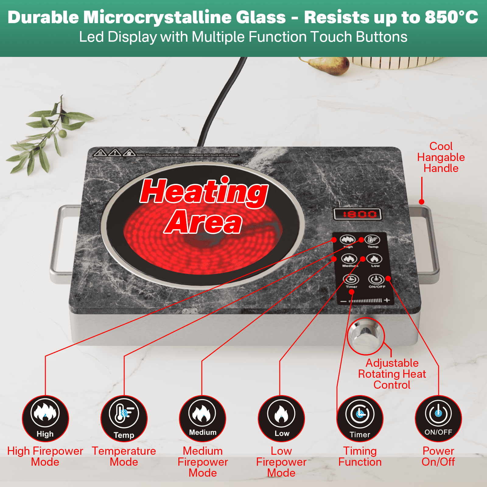 Nardea 1800W Single Burner Electric Cooktop, Portable Infrared Ceramic Hot Plate with Marble Glass, Touch & Knob Control,Electric Stove For Cooking