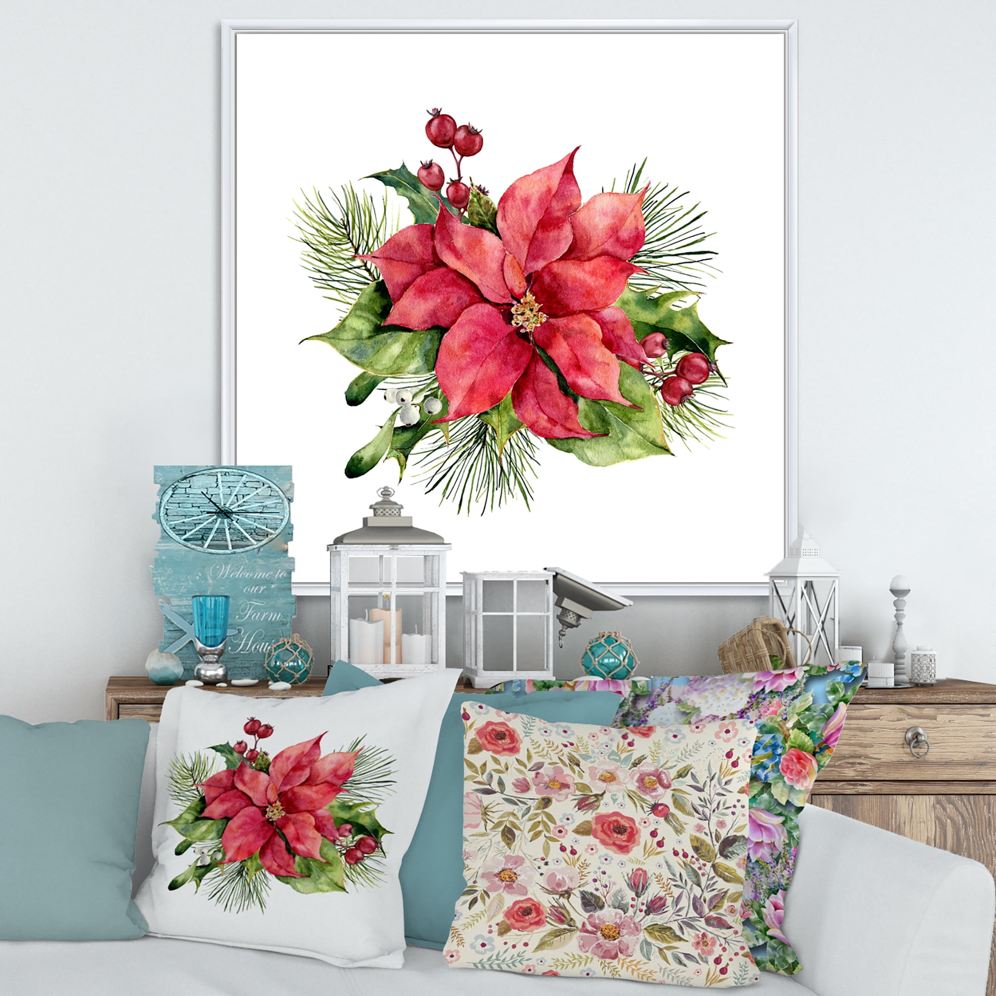 Designart 'Christmas Fir Branch and Holly Mistletoe Berries I' Traditional Framed Canvas Wall Art Print