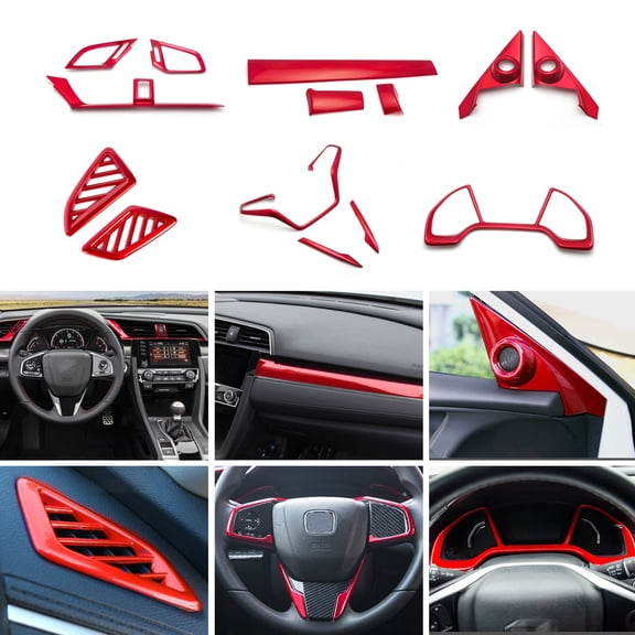 Xotic Tech Interior Center Console Stripe AC Vent Outlet Dashboard Panel Pillar Speaker Steering Wheel Frame Cover Trim Combo Kit , Sporty Red , Compatible with Honda Civic 10th Gen 2016-2021