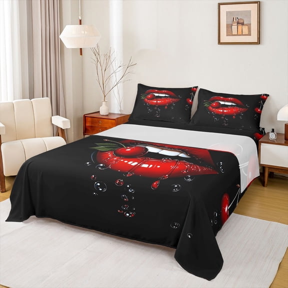 Feelyou Black Red Lips Queen Sheet Sets, Fashion Cherry Teen Bed Set, 4-Piece
