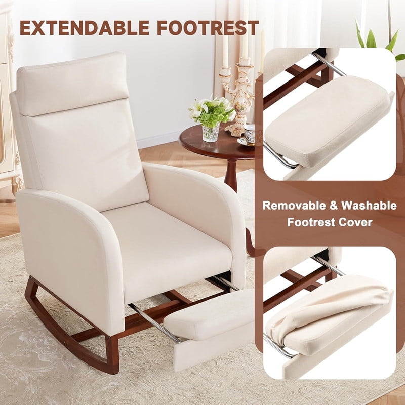 Someet Nursery Rocking Chair with Footrest,Linen Material Rocker Armchair with High Backrest and Pillow for Bedroom Living Room,Beige