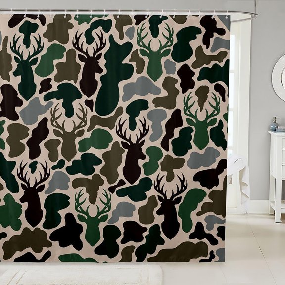 Camouflage Deer Shower Curtain Green Hunting Camo Antlers Bathroom Decor Fabric 71x71 Inches