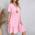 thumbnail image 4 of Moxiu Womens Summer Short Sleeve Dresses V Neck Casual Solid Ruffle Tiered Layered Flowy A-Line Dress 2025 Beach Vacation Plus Pink,S, 4 of 9