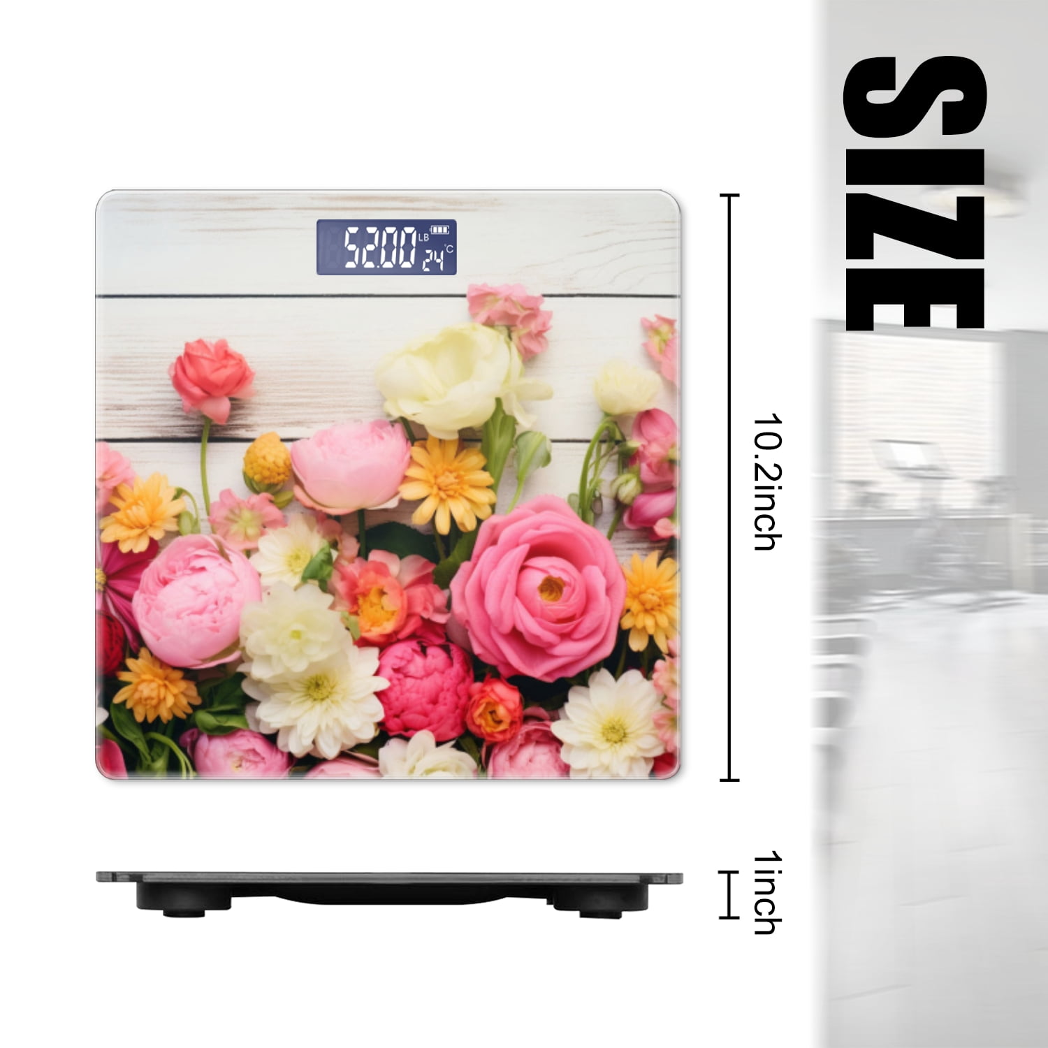 Bathroom Scale, Highly Accurate Digital Body Scale,Precisely Measures Weight up to 400 lbs-Flowers Frame On White Wooden Background