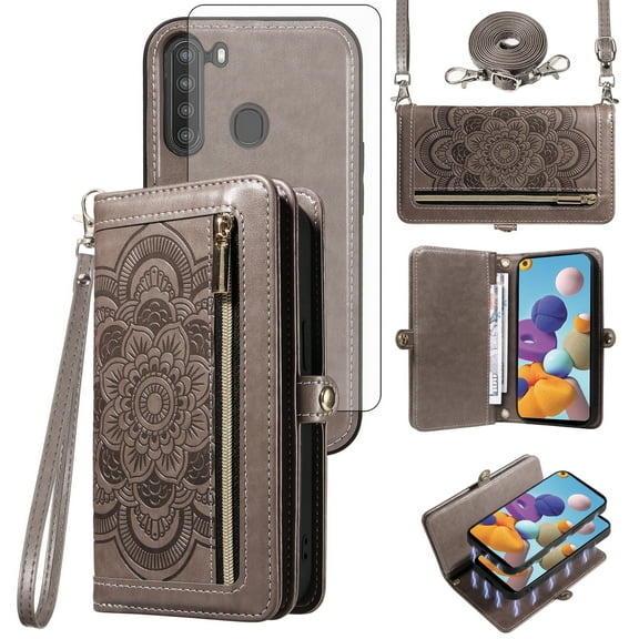 Asuwish Phone Case for Samsung Galaxy A21 Zipper Wallet Detachable Cell Cover with Tempered Glass Screen Protector Crossbody Lanyard Strap Flower Flip Card Holder Slot 21A 2020 Women Men Girls Gray