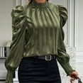 thumbnail image 4 of ATOYSOY Solid Color Striped Tops Casual Elegant Puff Sleeve Business Tees Outwear Fall Mock Neck Button Pullovers Trendy Loose Satin Shirts for Women Green L, 4 of 5
