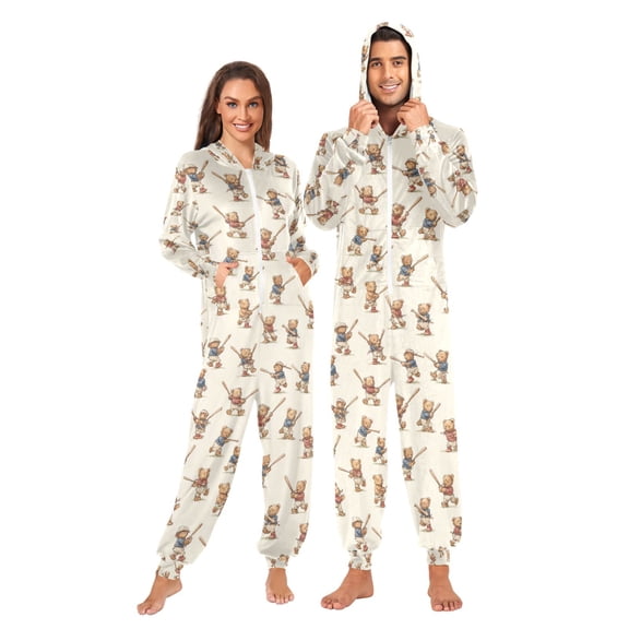 Adult Christmas Onesie Bears and Baseball Adult Zipper One-Piece Pajamas Unisex Pajamas with Pockets