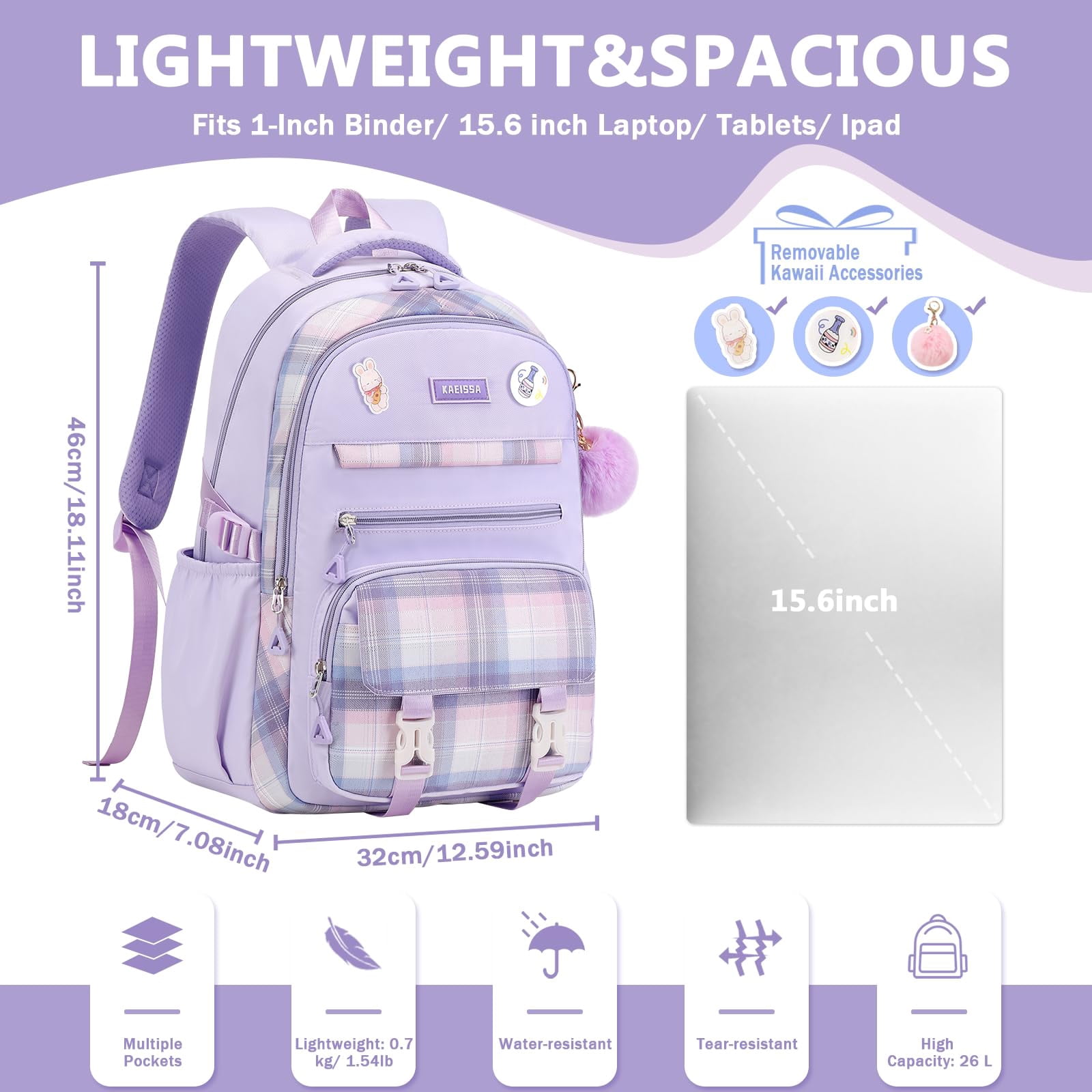 Soda Candy Girls Backpacks for School Kawaii Large Bookbag with Multiple Compartments Lightweight Casual Daypack for Teen Girls Primary Elementary Middle School College, Age 6-14, Purple