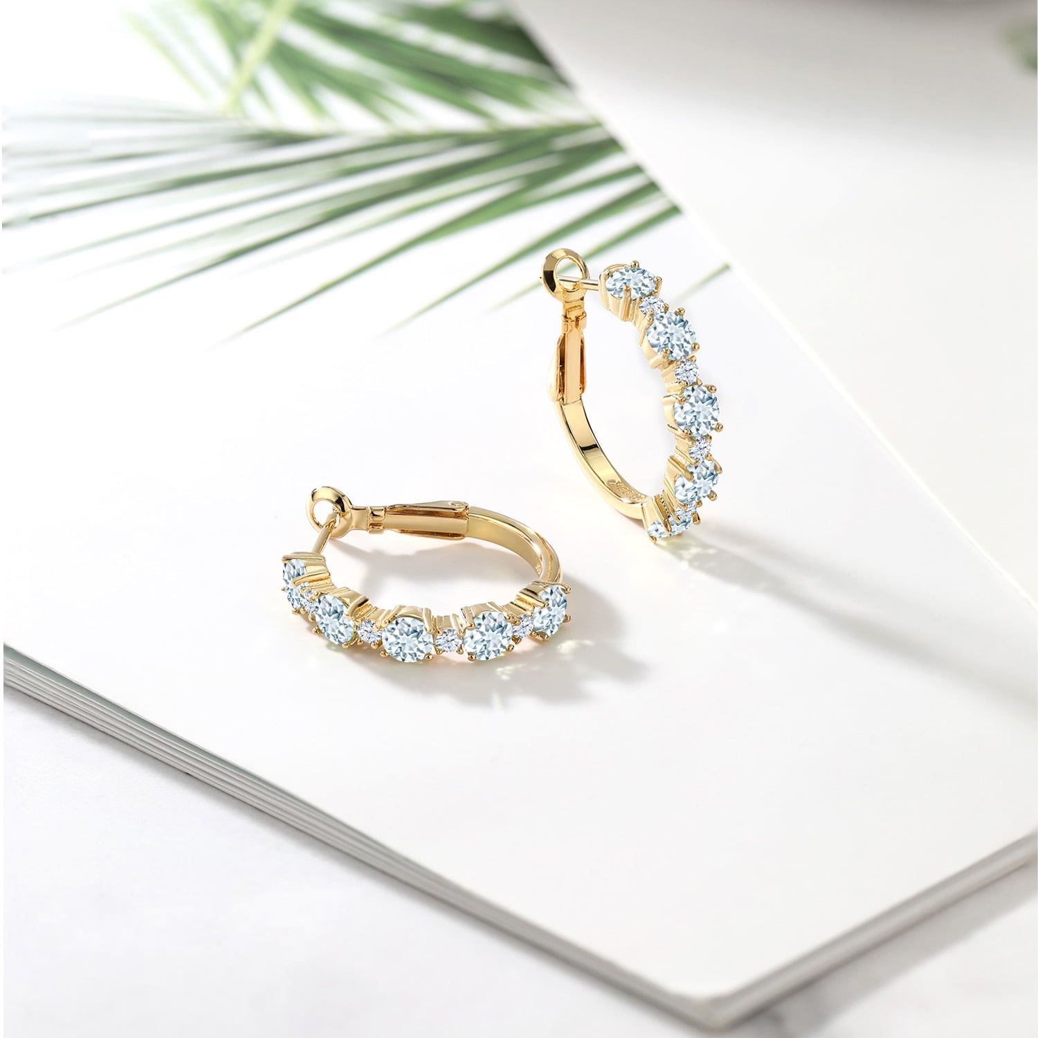 Gem Stone King 18K Yellow Gold Plated Silver Sky Blue Aquamarine and White Zirconia Hoop Earrings for Women (2.74 Cttw, Round 4MM and 1.9MM, Gemstone Birthstone 1 inch Diameter)