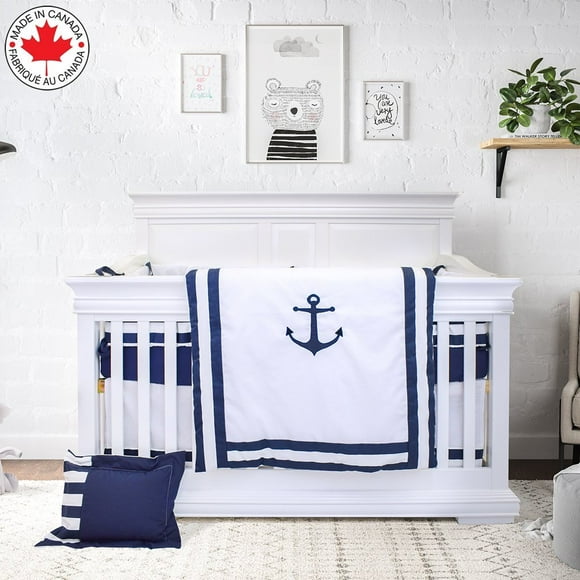 Bebelelo 7 Pieces Baby Bedding Set - Nursery Crib Set Including Skirt, Comforter, Quilt Cover, Fitted Sheet, and More for Kids, Boys, Girls (Blue and White Stripe Pattern with Anchor Embroidered)