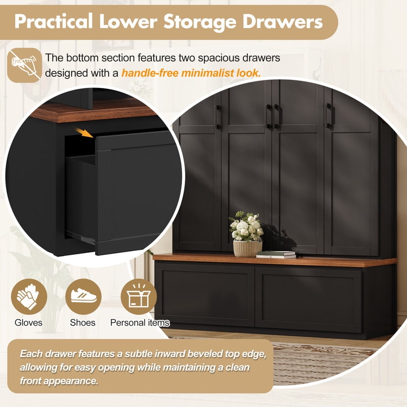 Modern Farmhouse Hall Tree with Bench and Storage Cabinets, Entryway Coat Rack with 6 Hooks, 4 Hidden Cabinets, Drawers and Open Shelves, Mudroom Organizer for Hallway, Living Room