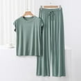 thumbnail image 2 of DeHolifer Womens Lounge Sets 2 Piece Outfits Short Sleeve V-Neck Summer Top Elastic Waist Wide Leg Pants Tracksuit Outfits Green 2XL, 2 of 5