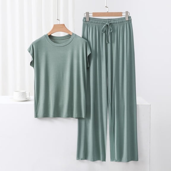 ylioge Womens 2 Piece Modal-Pajama Sets Casual Lightweight Solid Color Cap Sleeve Tops Wide Leg Pants Breathable Loungewear Pajamas Outfits Set