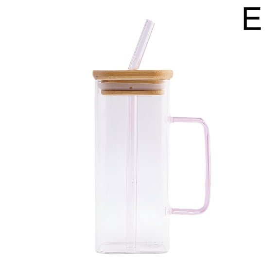 ACDANC Square Mug with Bamboo Lid and Straw,13.5oz Drinking Glass Cups with Handle for Iced Coffee Milk Bubble Tea Water