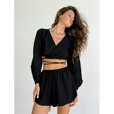 

QWZNDZGR Hiloc Criss-Cross Black Sleepwear Women Pajama Lantern Sleeve Loose Loungewear Sexy V-Neck Women s Nightie 2023 White Home Wear