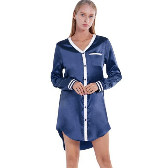 WBQ Women's Soft Nightgown Silk Satin Long Short Sleeve Nightshirt Sexy V-neck Sleepshirts Button Down Boyfriend Sleepwear Pajama Top, S-2XL