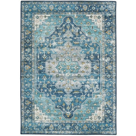 Linon Washable Madi Polyester 5'x7' Rug in Teal Blue