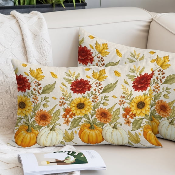 Sunflower Pumpkins Fall King Size Pillow Cover, Pillowcase Protectors with Zipper, Breathable Decorative Throw Pillow Case Cover, Rustic Thanksgiving Botanical Pillow Shams for Couch Sofa 20x36Inch