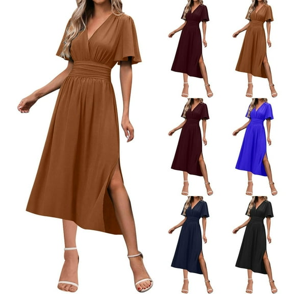 ZZwxWA Maxi Dress for Women Wrap V Neck Short Sleeve Empire Pleated Waist Summer Casual Elegant Long Dresses with Pockets