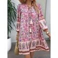 thumbnail image 5 of Women Casual Spring Summer Dresses V Neck 3/4 Long Sleeve Floral Flowy Boho Babydoll Mini Short Beach Dress Pink M, 5 of 8