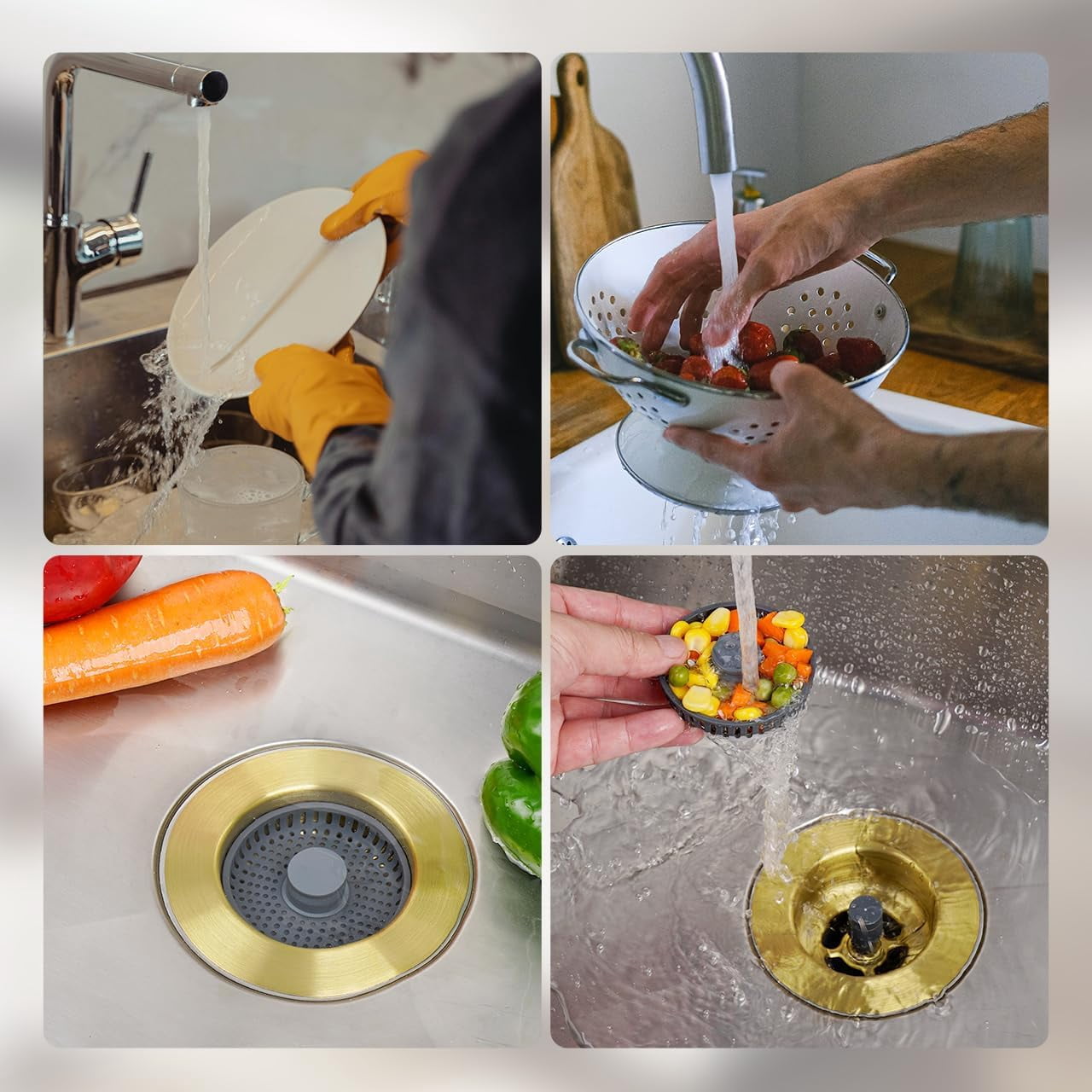 Upgraded 3 in 1 Kitchen Sink Drain Strainer and Stopper Combo, Stainless Steel Metal Pop Up Sink Stopper, 3 Anti-Clogging Basket Strainers for US Standard 3-1/2 Inch Drain, Brushed Gold