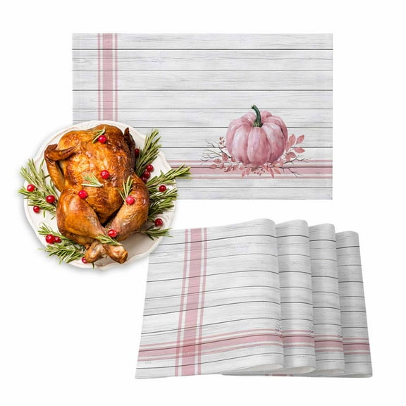 Fall Placemats Set of 4 Pink Pumpkin Place Mats Thanksgiving Placemat Autumn Leaf Stripes Wood Table Mats for Dining Kitchen Table Holiday Dinner Party Home Fall Decorations 13x19 Inch