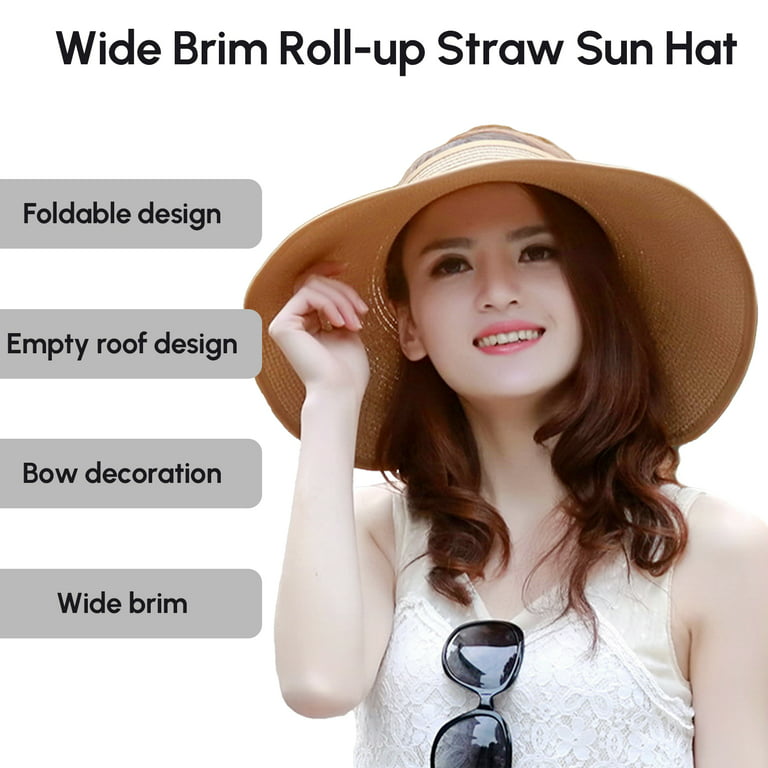 Bodychum Sun Visors Sun Hat for Women Empty Top Wide Brim Straw Hat Roll-Up Visor Hats UV Protection Foldable Beach Hat- Beige, Women's, Size: One
