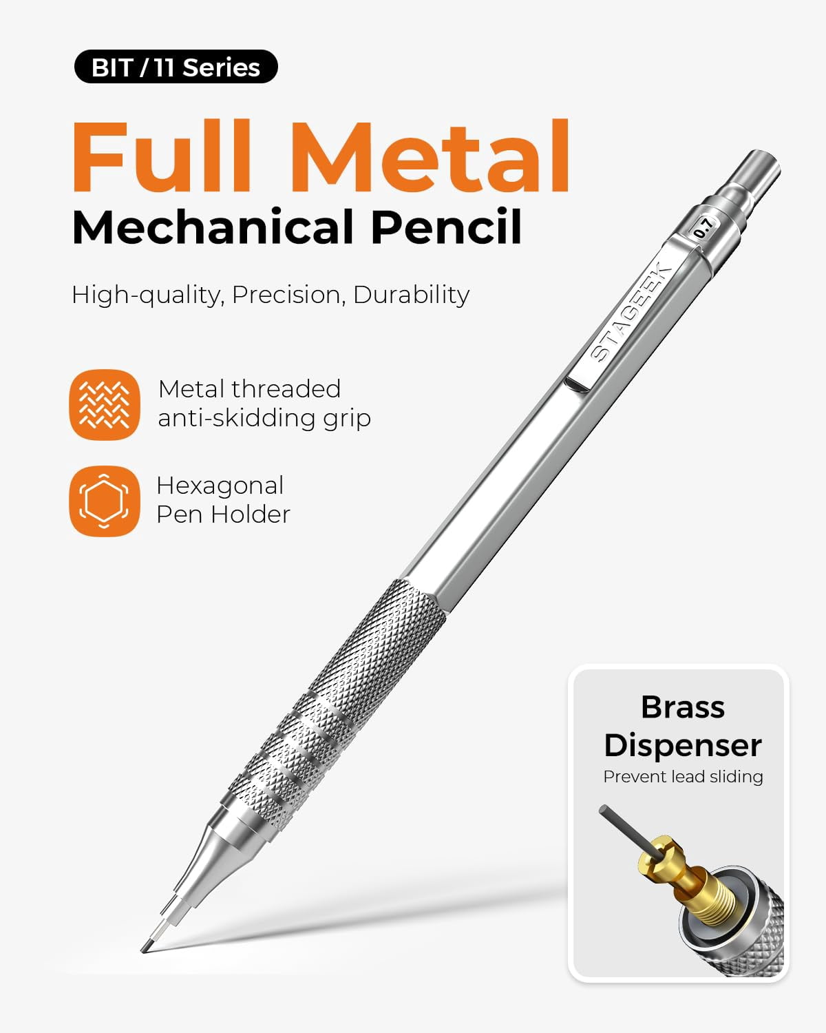 STAGEEKC Metal Mechanical Pencil Set in Leather Case, 5PCS Art Drafting Pencil 0.3, 0.5, 0.7, 0.9 & 2mm Lead Holder, 9 Tube (4B 2B HB 2H Colors) Lead Refills for Drawing, Sketching, Writing (Silver)