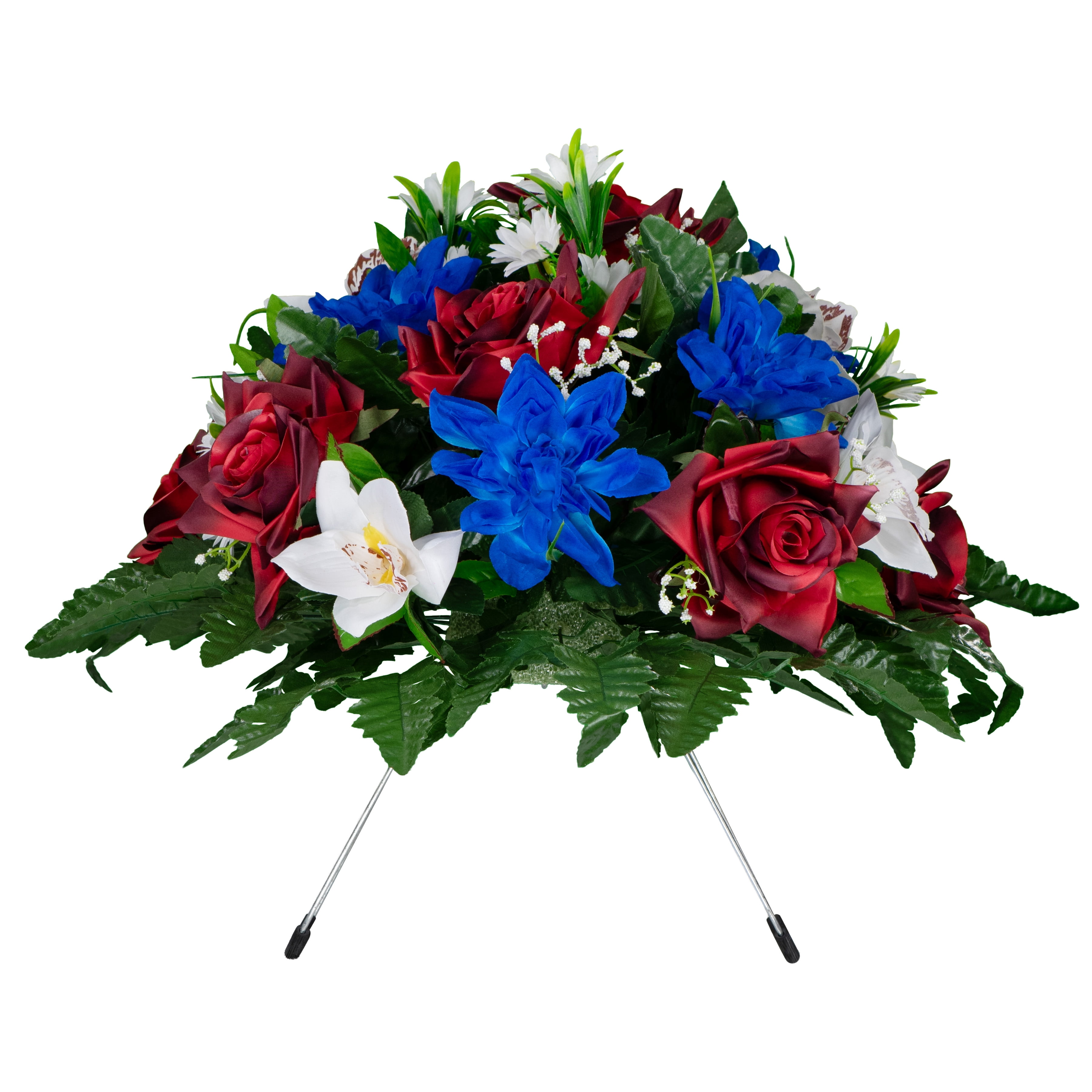 Sympathy Silks Artificial Cemetery Flowers - Red Open Roses White Orchids and Blue Dahlias - Outdoor Saddle for Headstone
