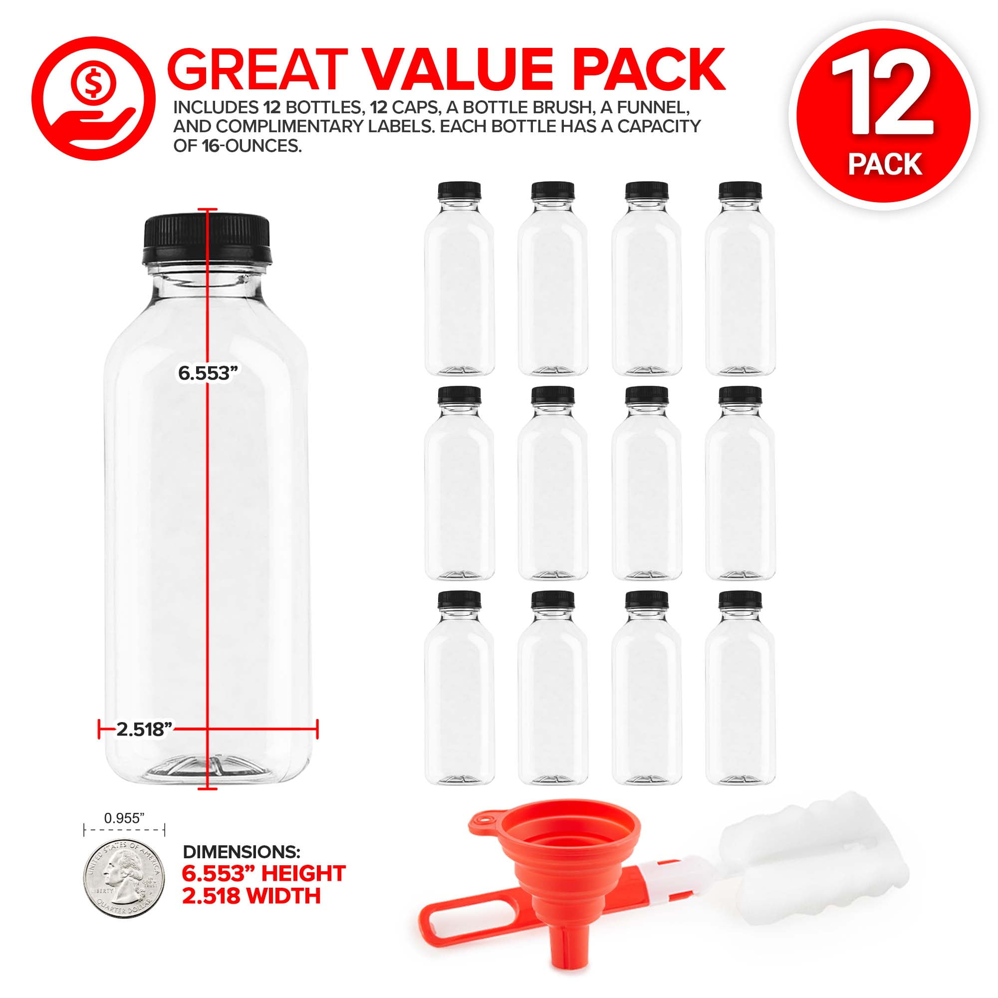 Juice Bottles with Caps for Juicing & Smoothies, Reusable Clear Empty Plastic Bottles with Caps, 16 Ounce Drink Containers for Mini Fridge, Juicer Shots, Small Water Bottles Bulk 16 oz (12 Pack)