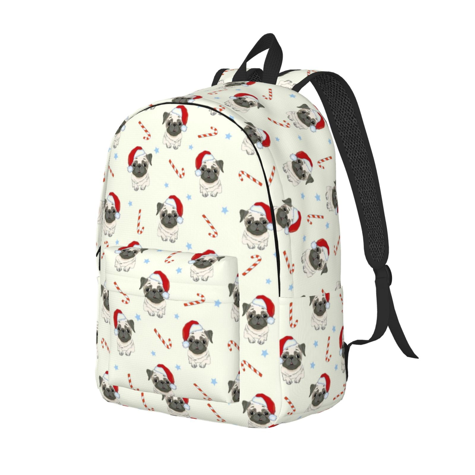 Sikiie Christmas Pug Dog Print Canvas Backpack, Lightweight Laptop