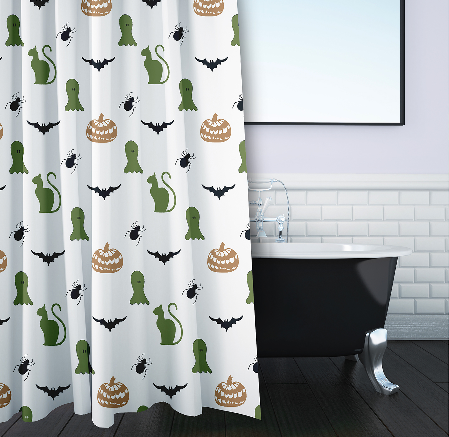 Simply Daisy 70" W x 73" L Halloween Halloween Critters Polyester Shower Curtain, Scallion [1 Ct]