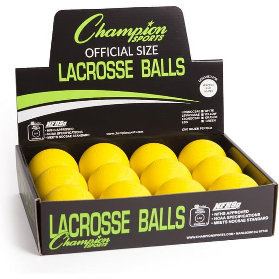 Champion Sports Lacrosse Balls: Official Size Sporting Goods Equipment for Professional, College & Grade School Games, & Practices - NCAA, NFHS and SEI Certified - 12-Pack (Retail Box) - Yellow