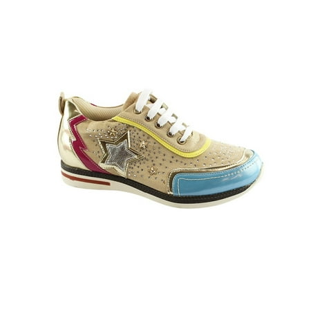 Glitter Star Shoe - Liyu Adult Beige Glitter Star Applique Studded Fashion Sneakers