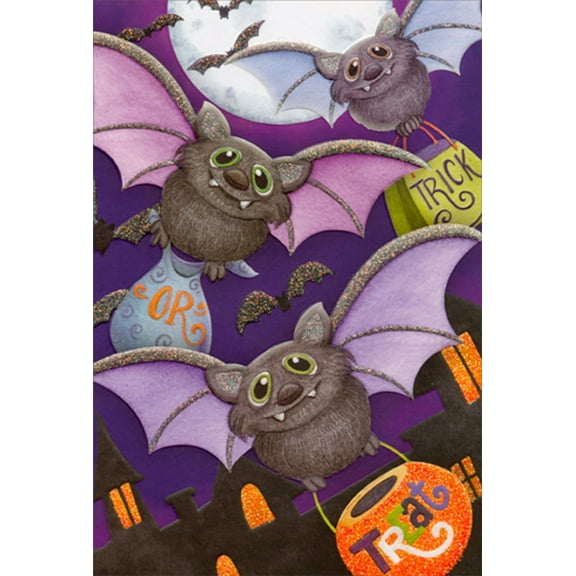Pictura Trick or Treat Bats Flying in Purple Sky Halloween Card