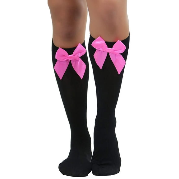 ToBeInStyle Women's Opaque Knee High w/ Satin Bow - Black/Hot Pink