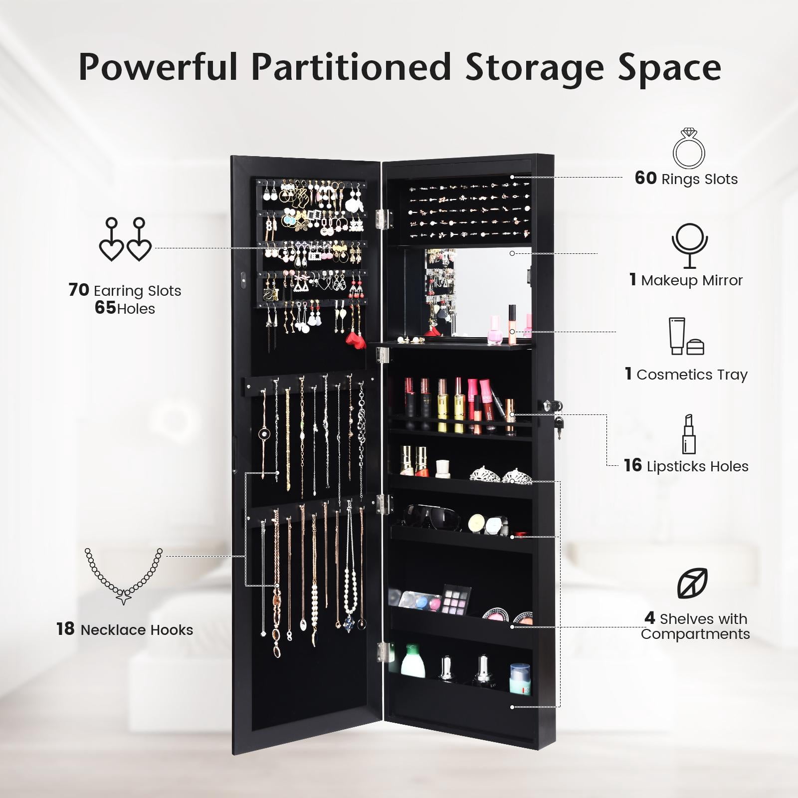 Giantex LED Jewelry Cabinet Wall Door Mounted, Lockable Jewelry Armoire w/Full Length Mirror, Cosmetics Tray, Brush Holders, Build-in Makeup Mirror for Women Girls (Black)