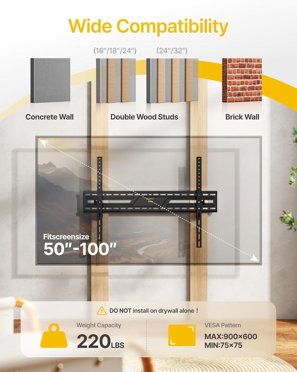 monTEK 15° Full Tilting TV Wall Mount for 50–100" Large TVs, Supports 220 lb, VESA 75x75–900x600, Fits 16"/18"/24"/32" Studs