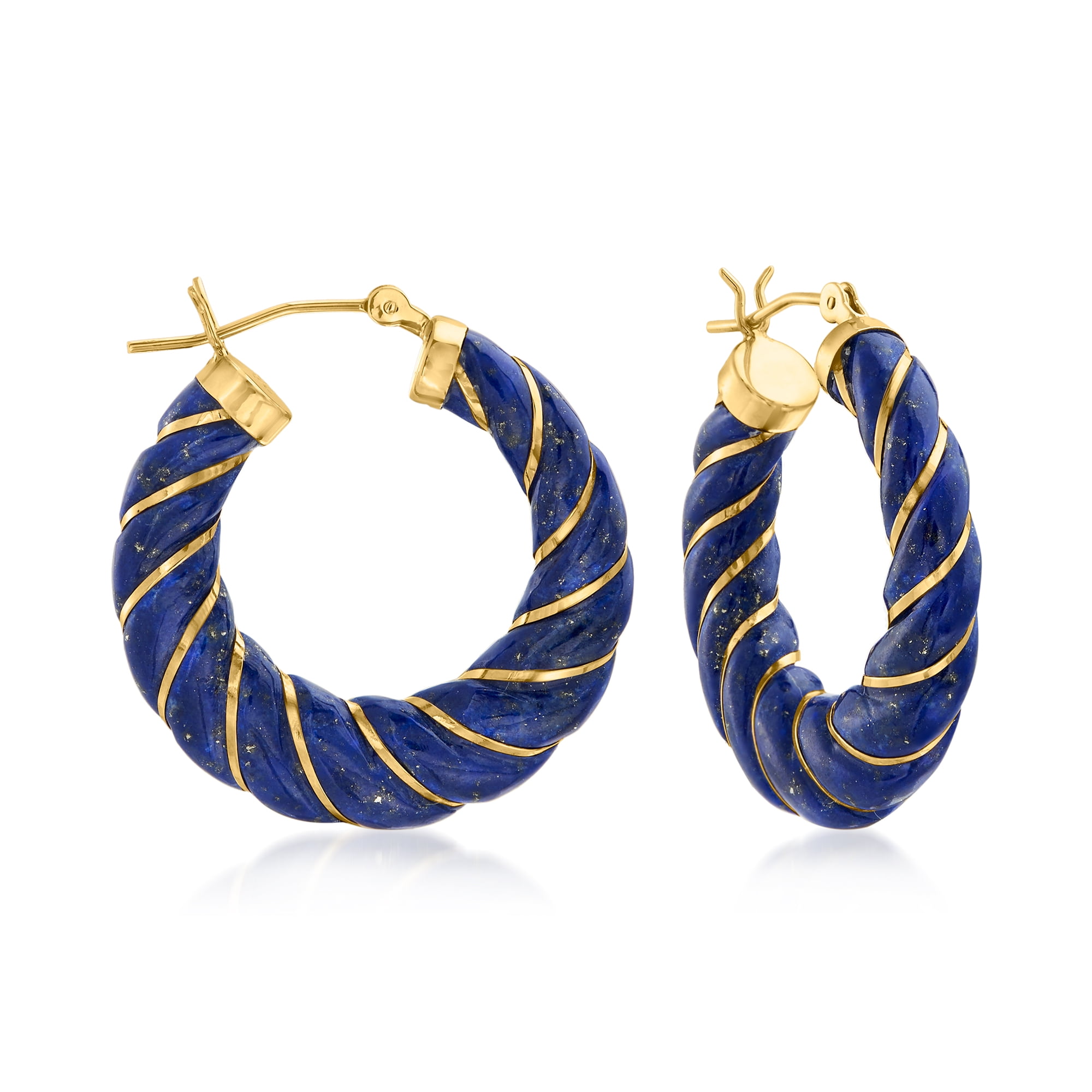 Ross-Simons Carved Lapis Hoop Earrings With 14kt Yellow Gold