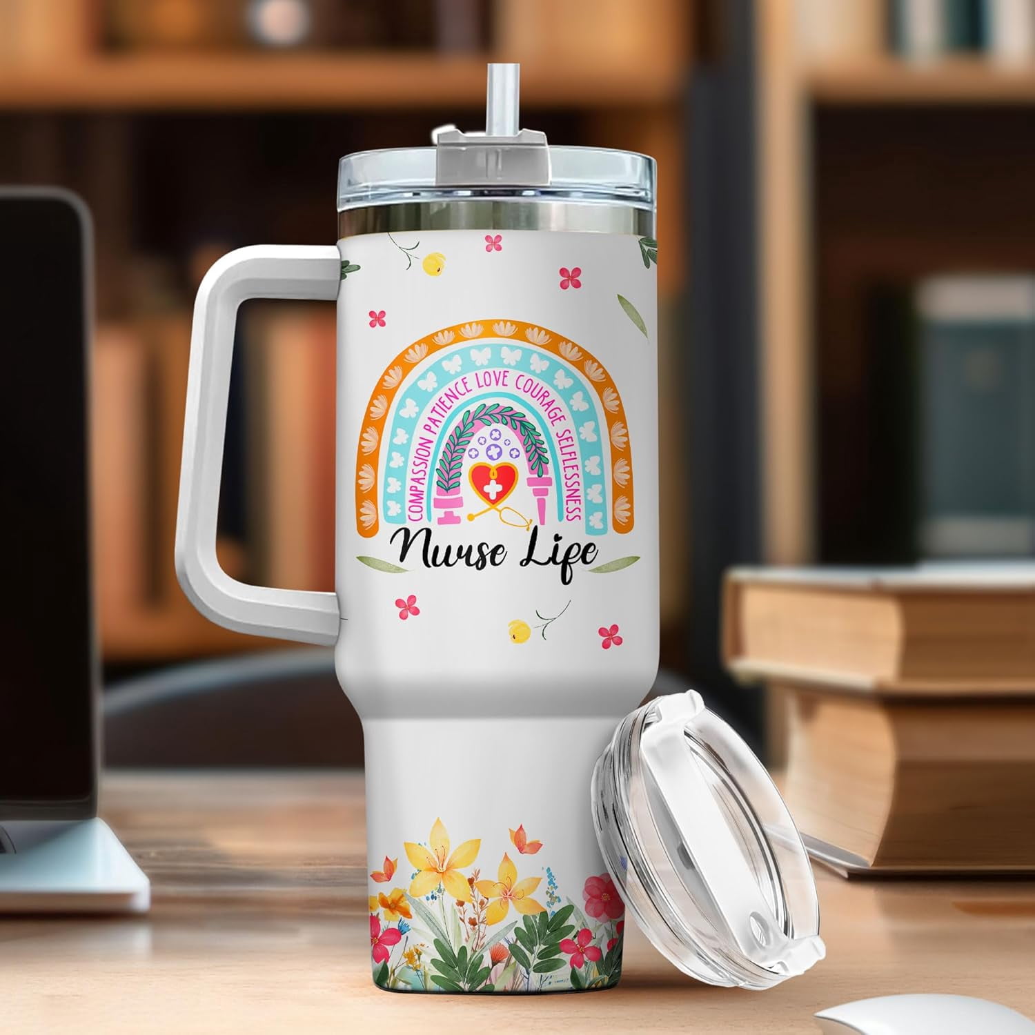 Nurse Gifts, Tumbler 40 Oz With Handle Lid And Straw, Nurse Rainbow Color, Engraved Nursing Cups Straws Funny Cup Nurses Tumblers Flower Handle Student Travel Coffee Week Er