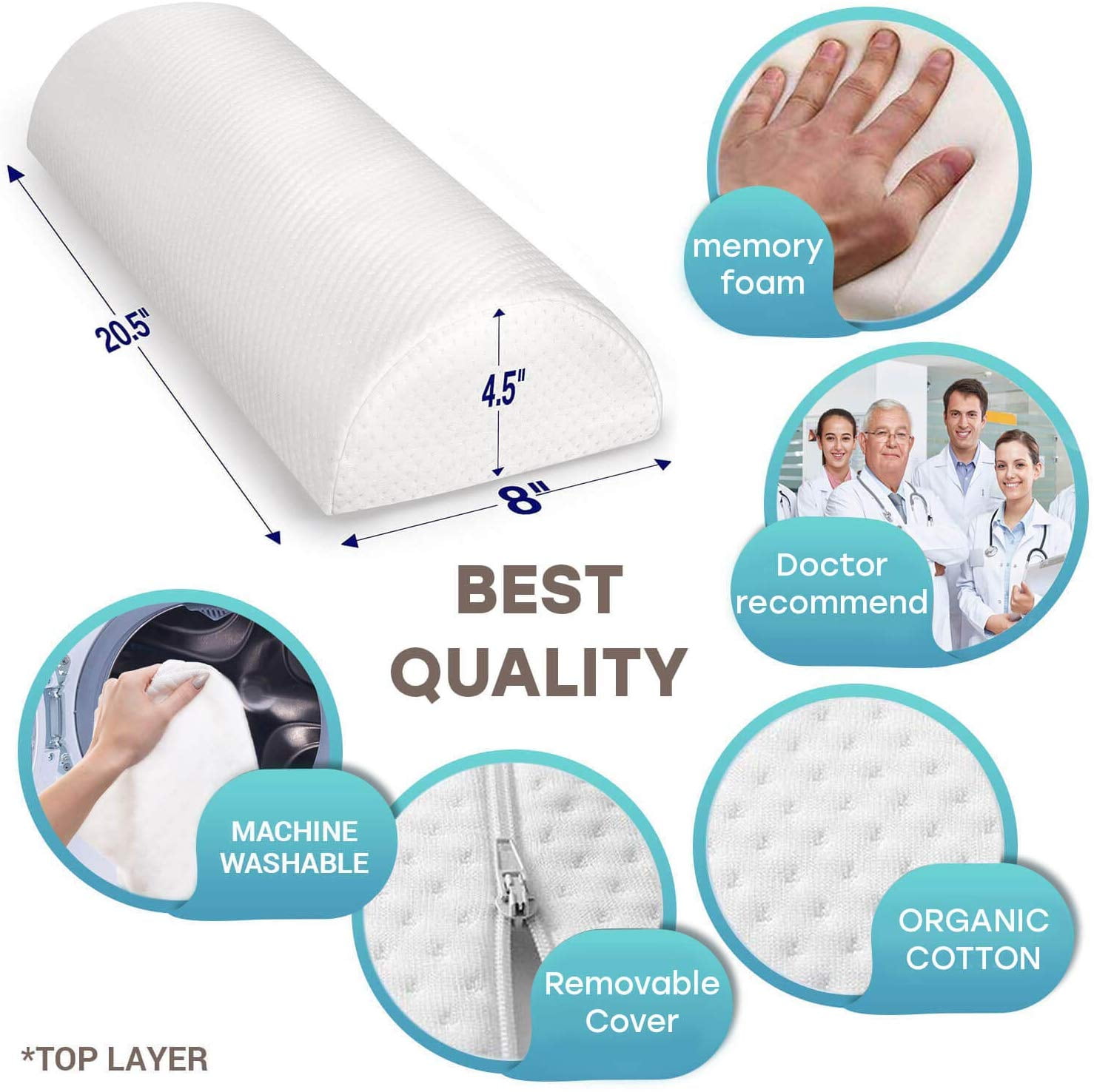  Back Pain Relief Memory Foam Pillow - Half Moon Bolster Knee  Pillow for Side, Back, Stomach Sleepers - Semi Roll Round Lumbar Leg Wedge  - Reduce Neck Spine Back Hip Ankle
