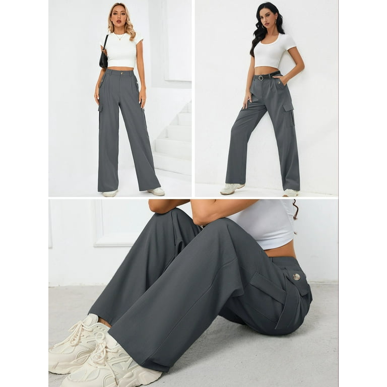 Chiclily Women Wide Leg Lounge Pants Dark Gray M Work Business Casual Loose  High Waisted Dress Palazzo Flowy Trousers with Pockets